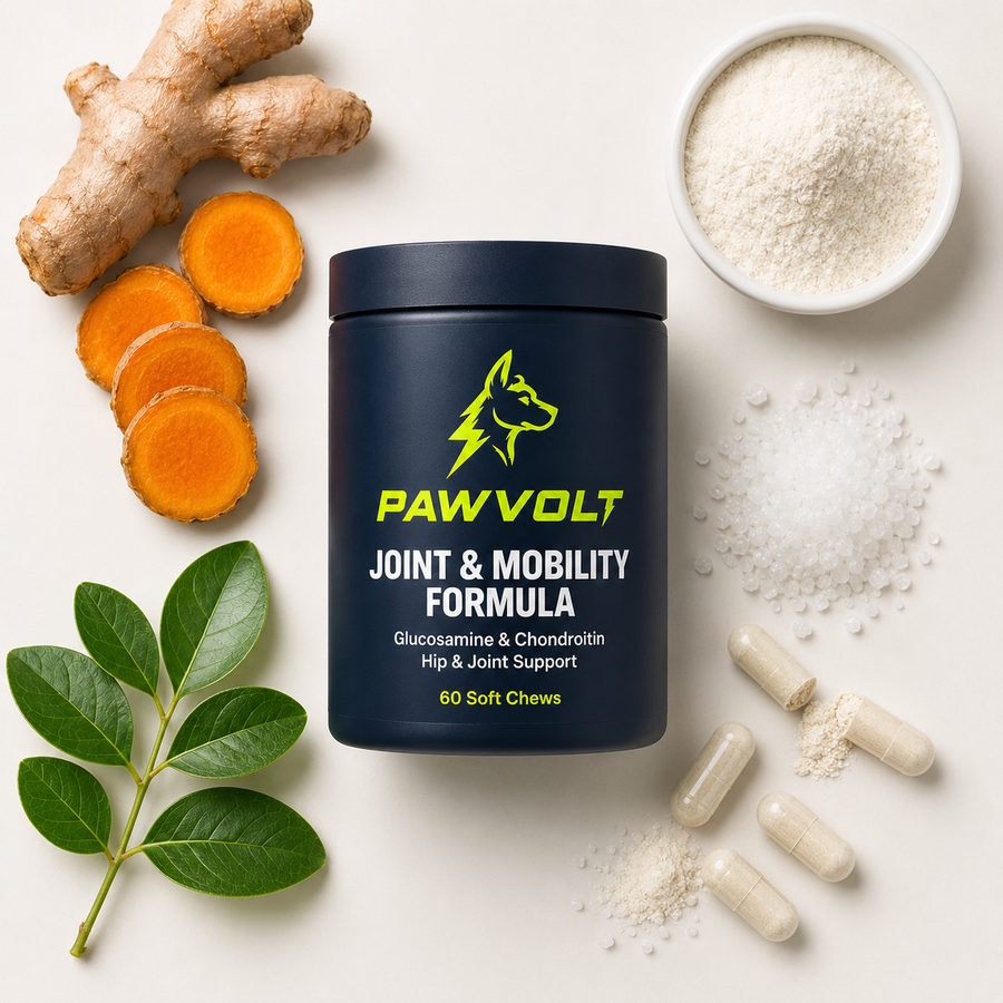 PawVolt Joint formula with glucosamine turmeric and MSM ingredients flat lay